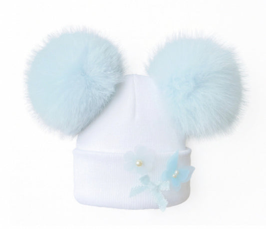 Double Pom Pom Hat White with Sky Blue Poms and bow finish