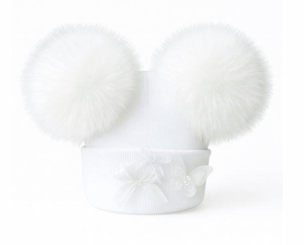 Double Pom Pom Hat White with White Poms and bow finish