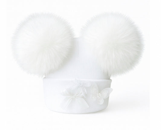 Double Pom Pom Hat White with White Poms and bow finish