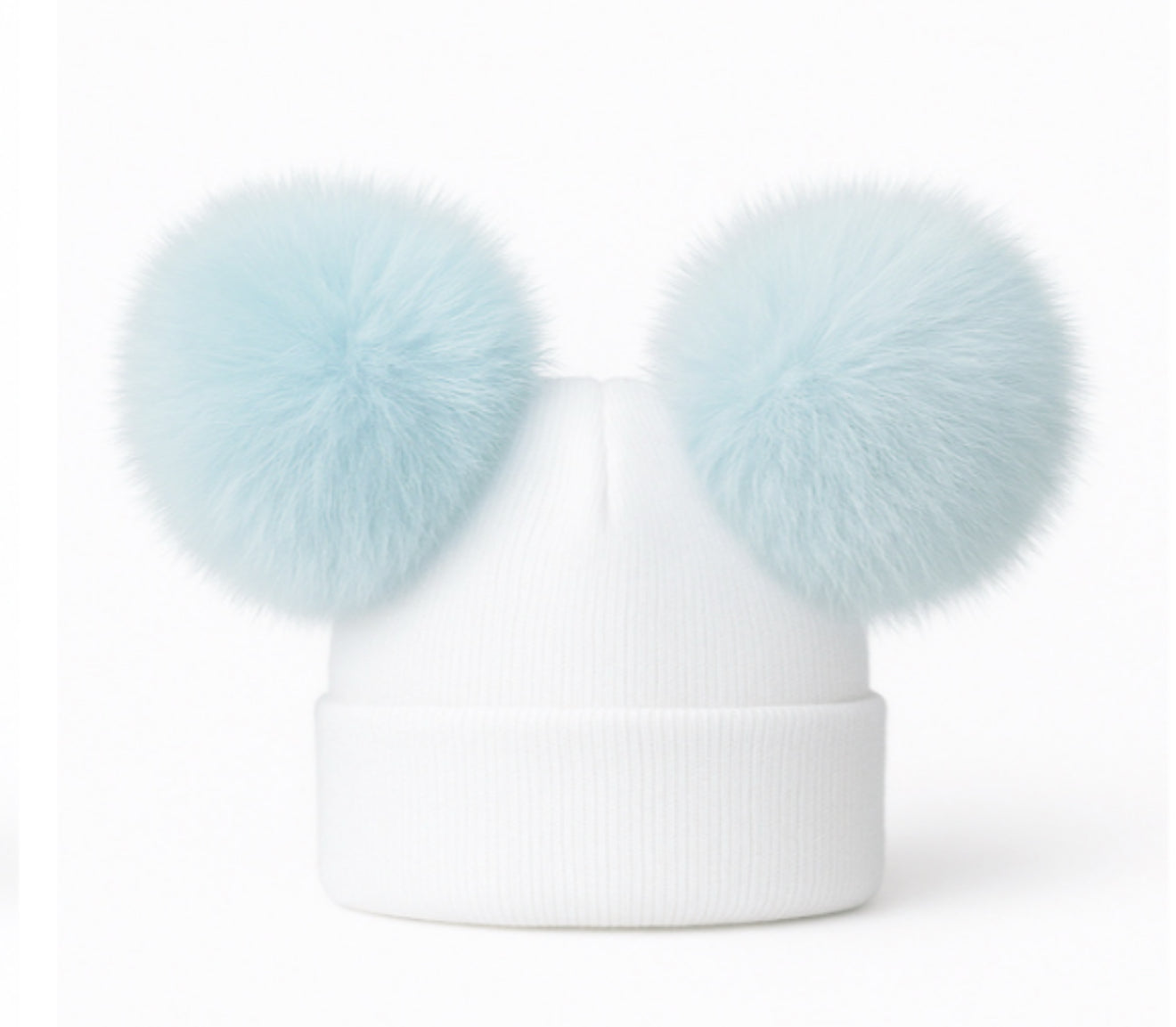 Double Pom Pom Hat White with Sky Blue Poms