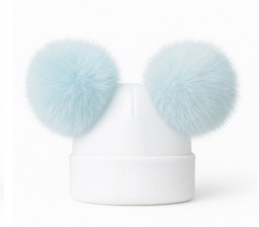Double Pom Pom Hat White with Sky Blue Poms