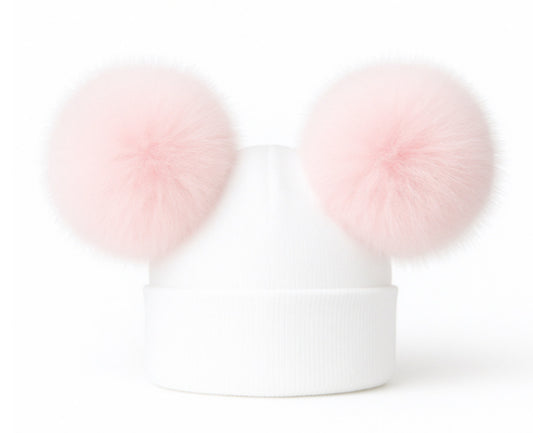 Double Pom Pom Hat White with Pink Poms