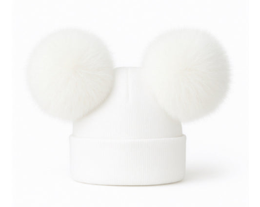 Double Pom Pom Hat White with White Poms
