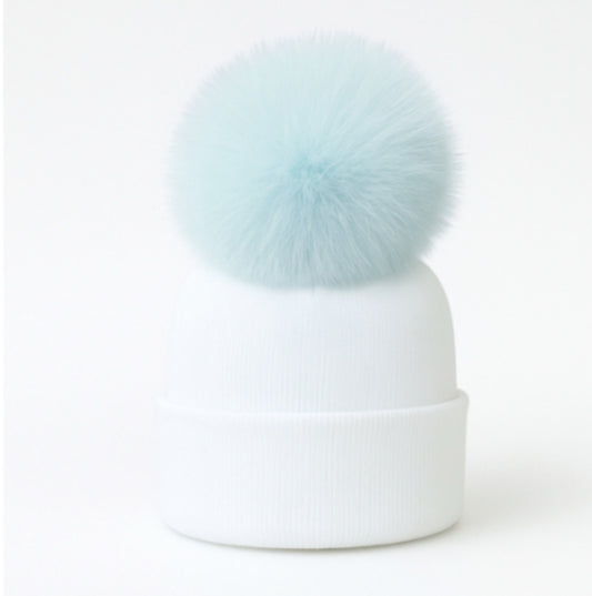 Pom Hat White with Sky Blue Poms