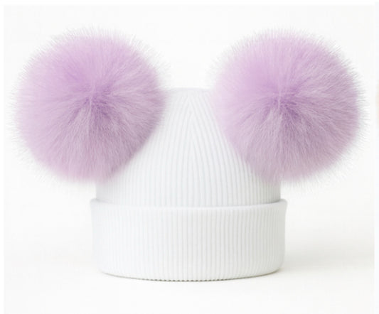 Double Pom Pom Hat White with Lilac Poms