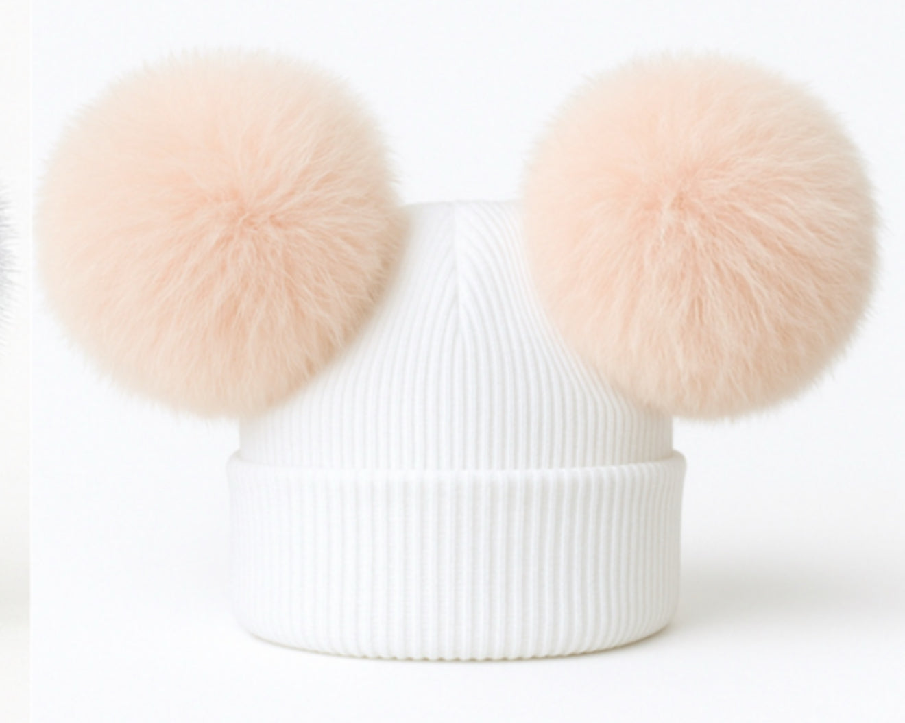 Double Pom Pom Hat White with Peach Poms