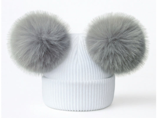 Double Pom Pom Hat White with Grey Pom