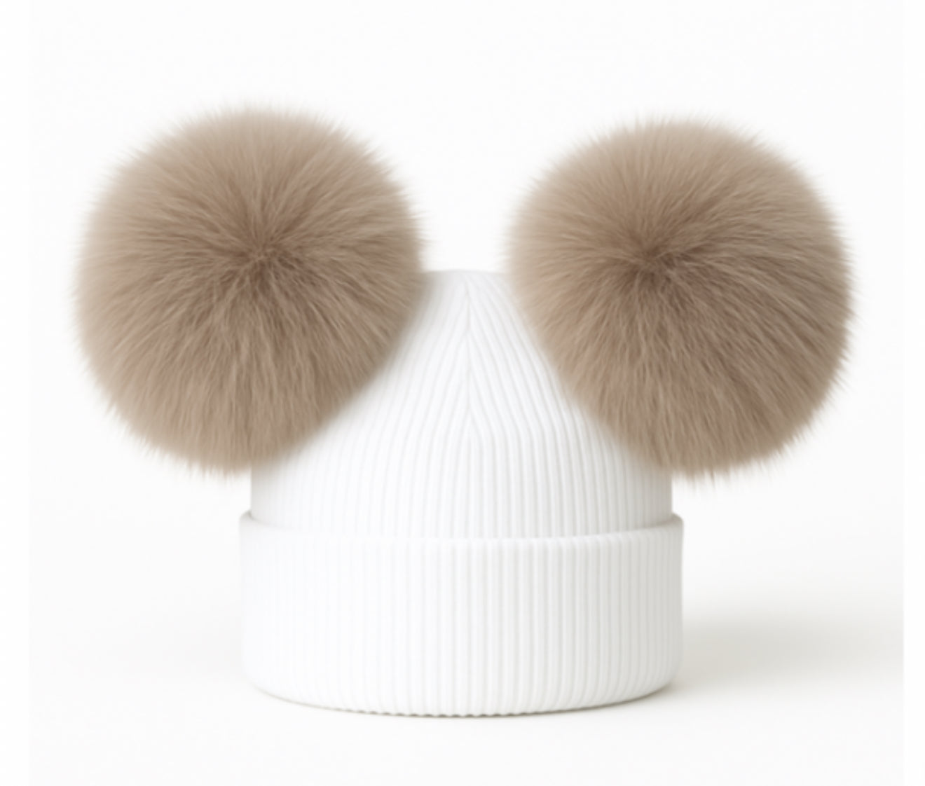 Double Pom Pom Hat White with Camel Poms