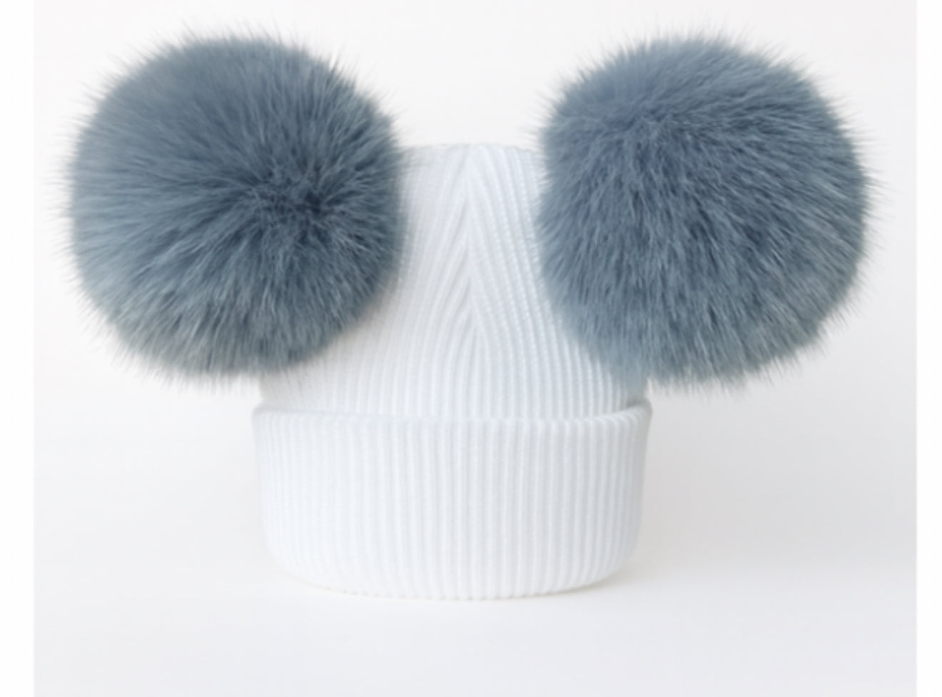 Double Pom Pom Hat White with MS Blue Poms