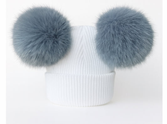 Double Pom Pom Hat White with MS Blue Poms