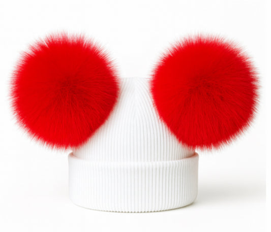 Double Pom Pom Hat White with Red Poms