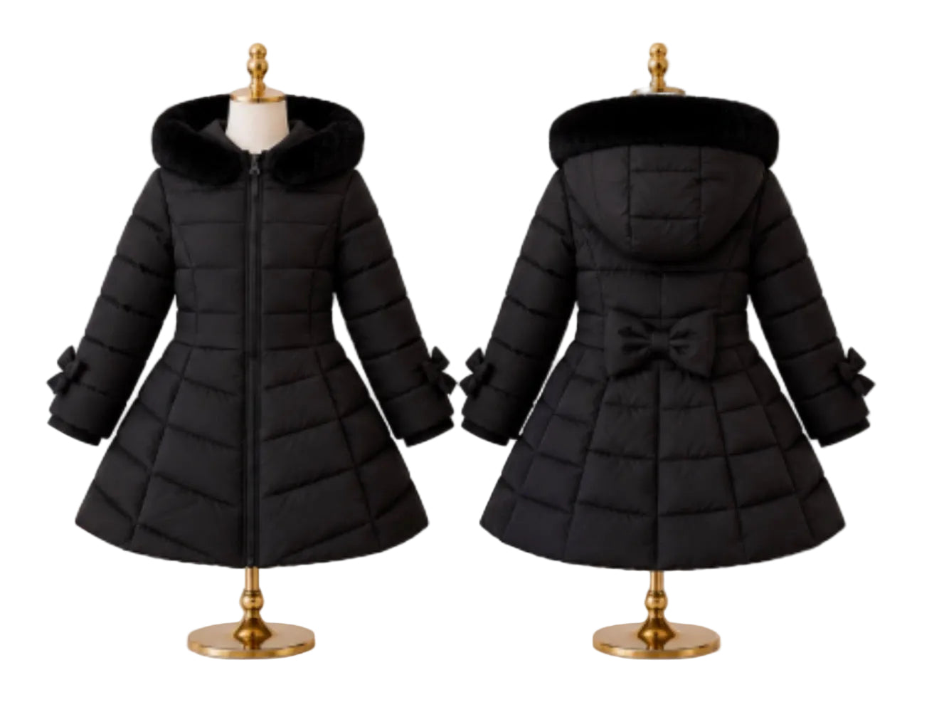 A black quilted puffer coat displayed on a mannequin from both front and back views, perfect for back to school