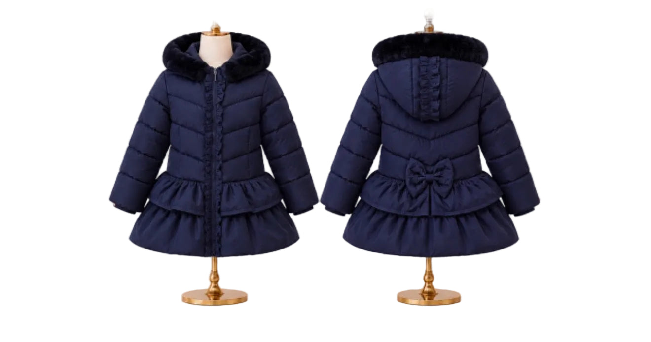 A navy blue children's puffer coat shown from both front and back on dress forms, perfect for back to school