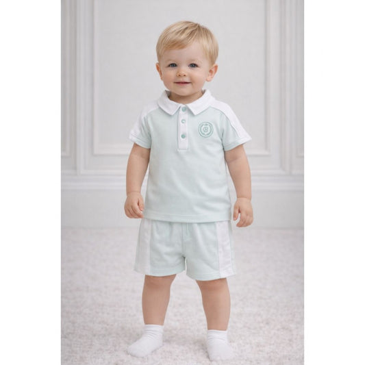 Mint baby polo shirt and shorts set, short sleeves, button placket, elastic waist