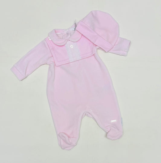 Pink velour baby romper with bib front and matching hood