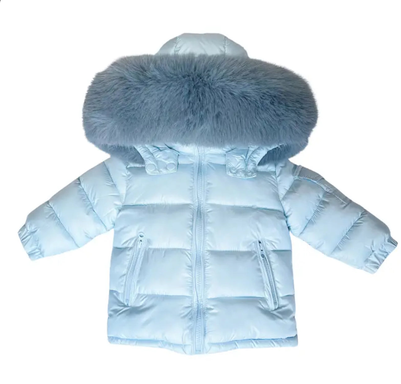 Sky Blue Coat with Blue Grey faux fur hood