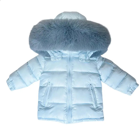 Sky Blue Coat with Blue Grey faux fur hood