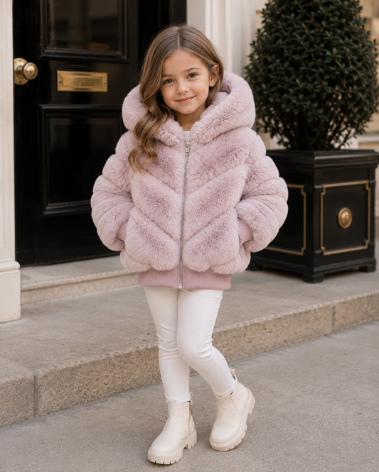 Pink faux fur hooded bomber jacket with front zipper and ribbed cuffs