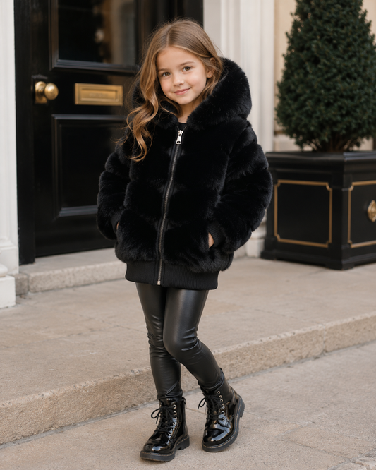 Black faux fur hooded bomber jacket, full zip front, ribbed hem