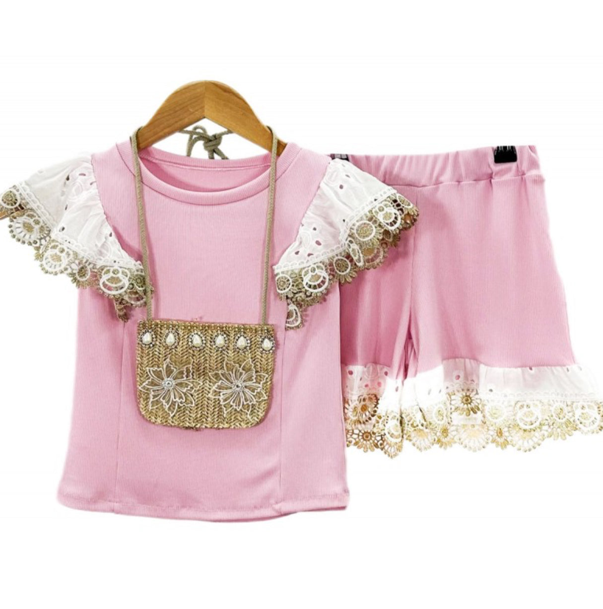 Girls Lula Pink Embroidered Shorts Set with bag