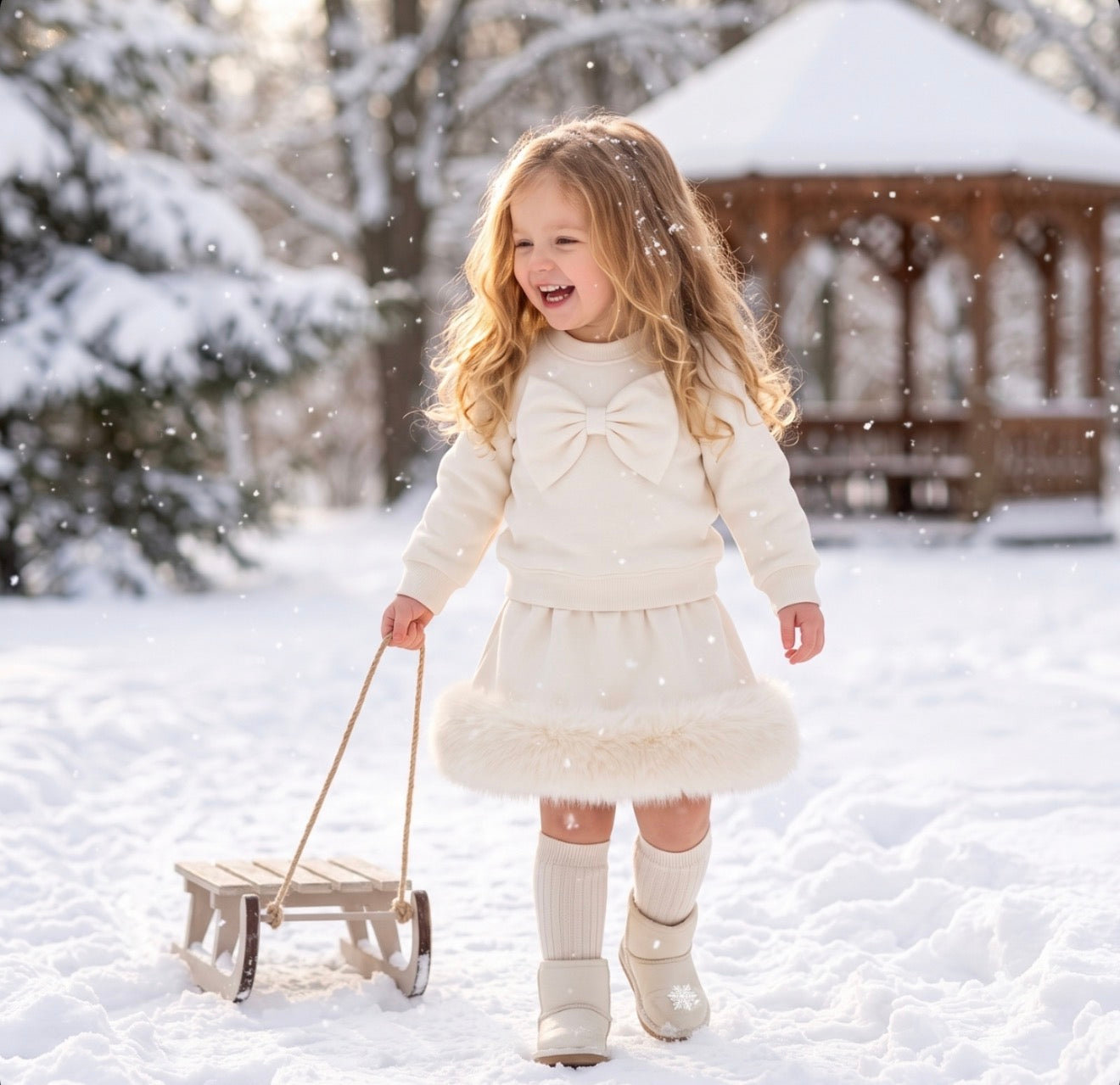 Pre-Order | Limited Stock | EvaBella Signature Bow & Faux Fur skirt Ivory