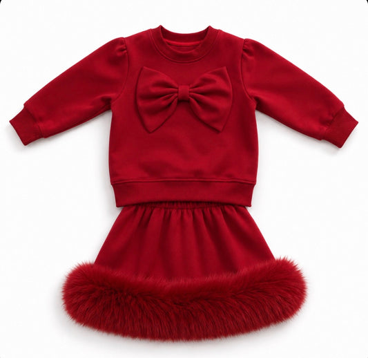 Pre-Order | Limited Stock | EvaBella Signature Bow & Faux Fur skirt Red