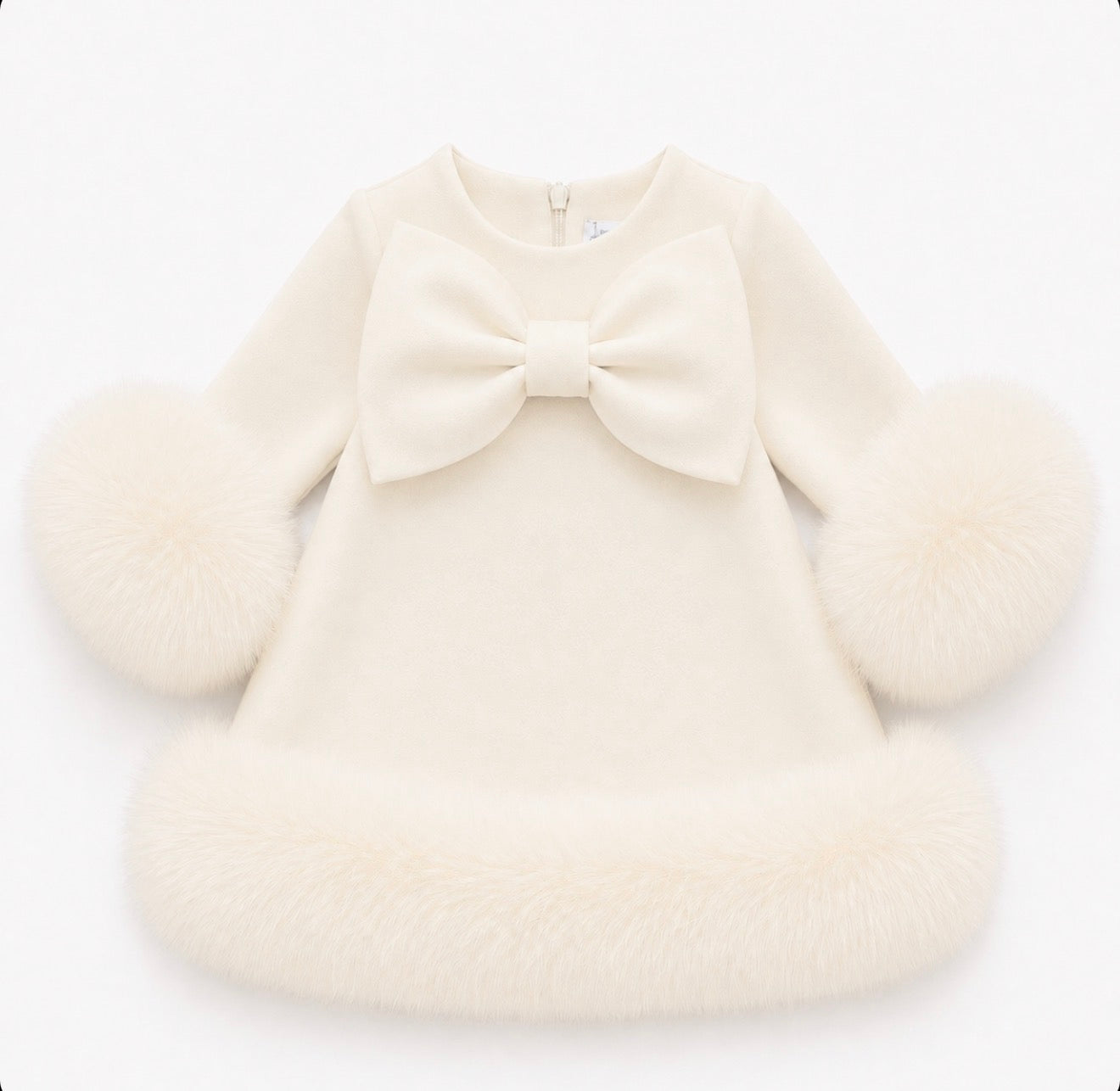 Pre-Order | Limited Stock | EvaBella Signature Bow & Faux Fur Dress ivory
