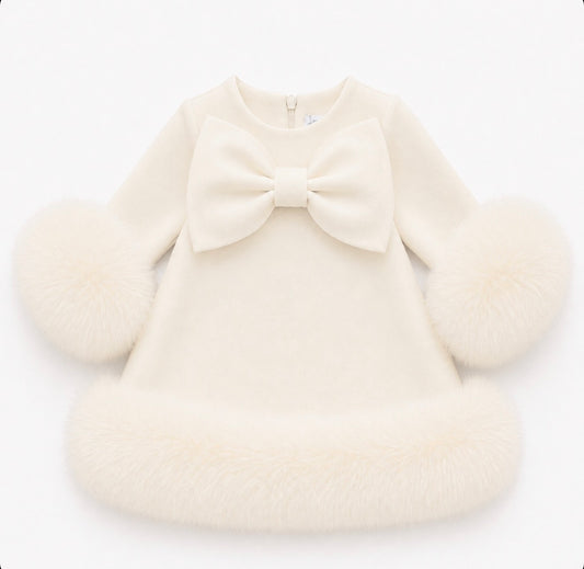 Pre-Order | Limited Stock | EvaBella Signature Bow & Faux Fur Dress ivory