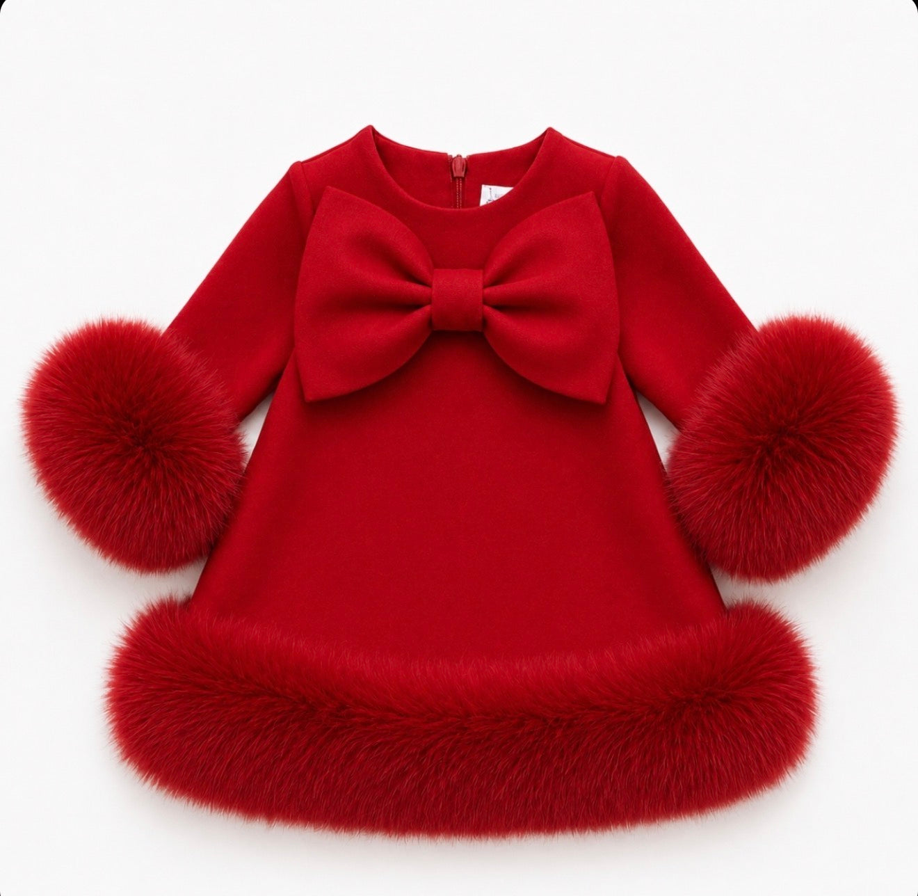 Pre-Order | Limited Stock | EvaBella Signature Bow & Faux Fur Dress Red