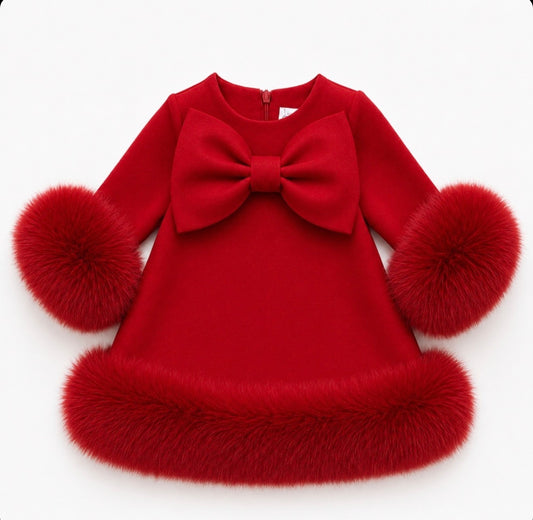 Pre-Order | Limited Stock | EvaBella Signature Bow & Faux Fur Dress Red