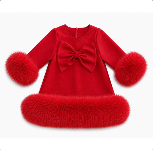 Pre-Order | Limited Stock | EvaBella Signature Bow & Faux Fur Dress Red