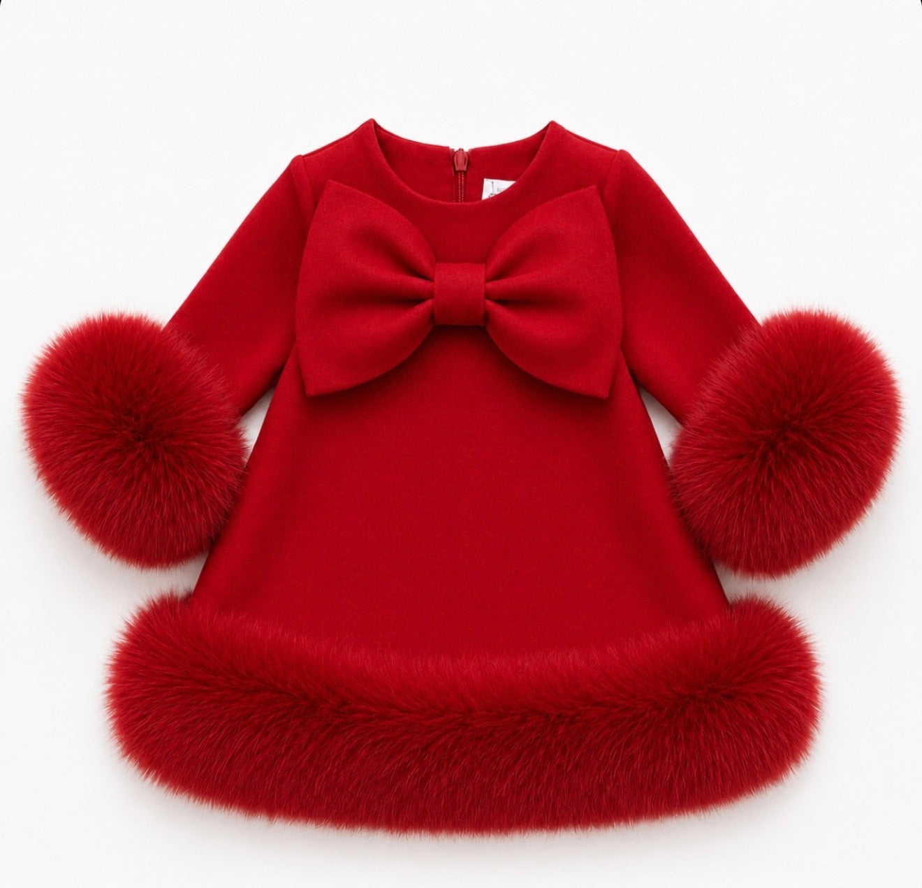 Pre-Order | Limited Stock | EvaBella Signature Bow & Faux Fur Dress Red