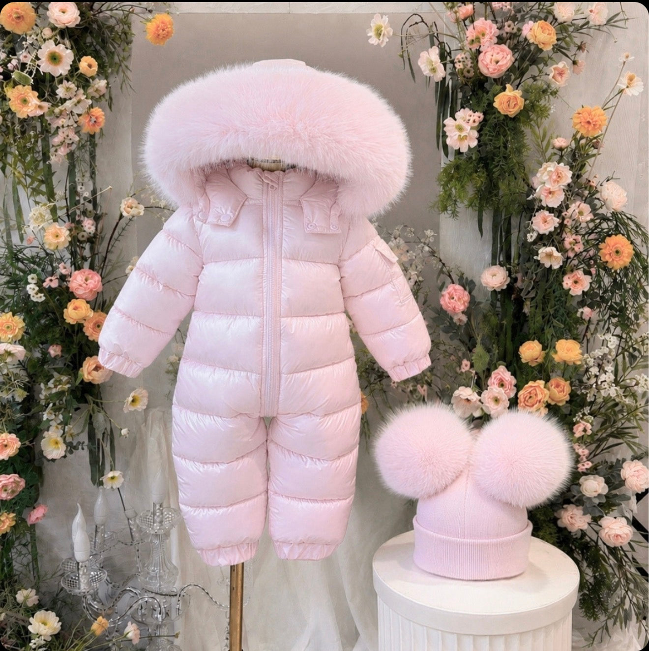 EvaBella Signature Snowsuit & Double Pom-Pom Hat Set Baby Pink