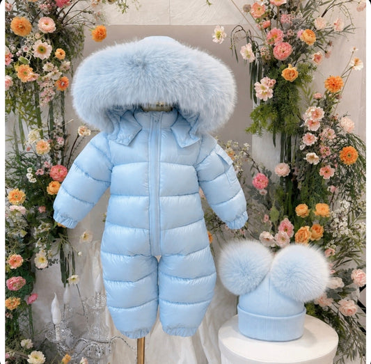 EvaBella Signature Snowsuit & Double Pom-Pom Hat Set|EB-9803SET|Baby Blue