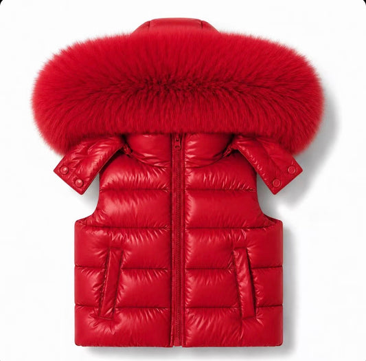 Red faux padded gillet with faux fur hood, front zip and snap straps