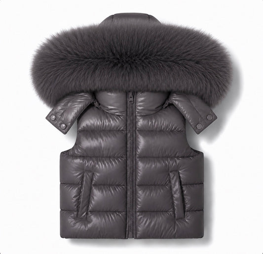 Charcoal faux fur-trim hooded padded gillet, zip front, quilted panels