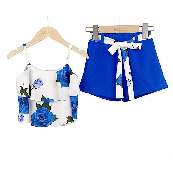 Girls Blue Floral Shorts Set