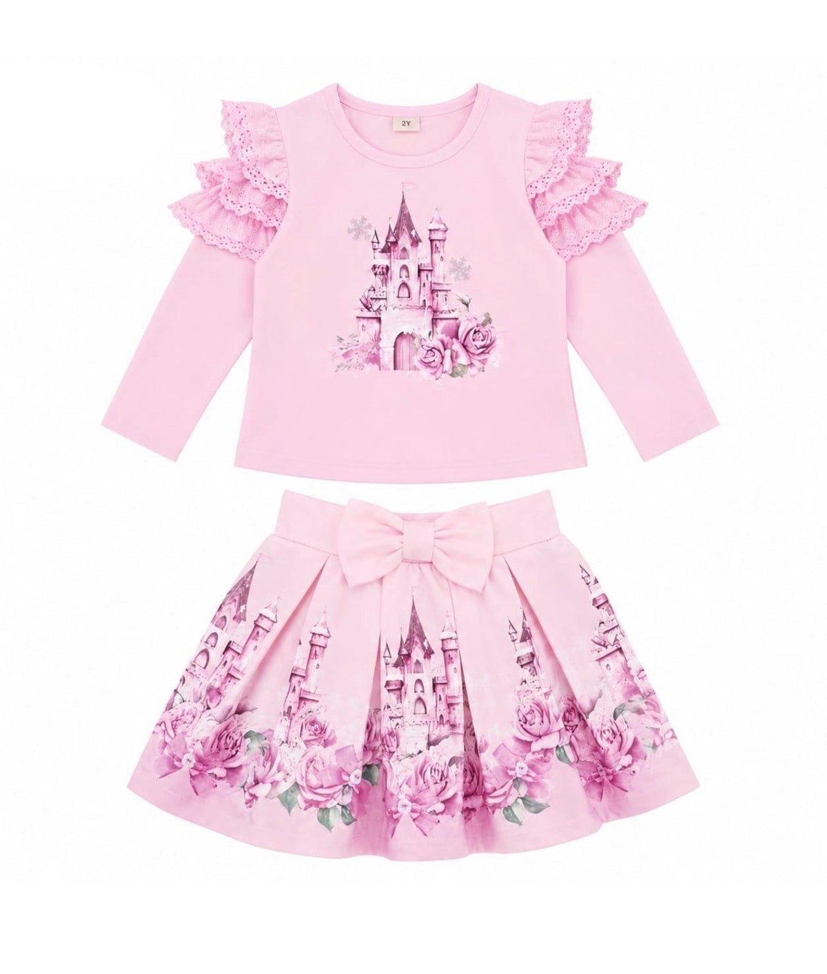 Pink long-sleeve top and skirt set with castle graphic and ruffled sleeves