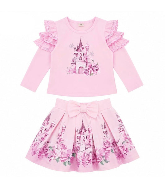 Pink long-sleeve top and skirt set with castle graphic and ruffled sleeves