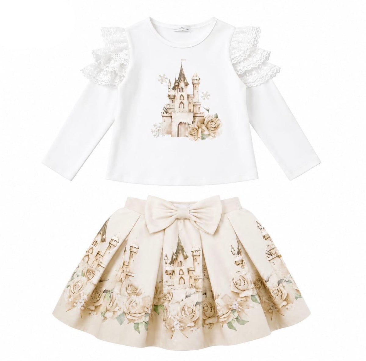 Girls cream skirt set with castle graphic top and flared bow skirt