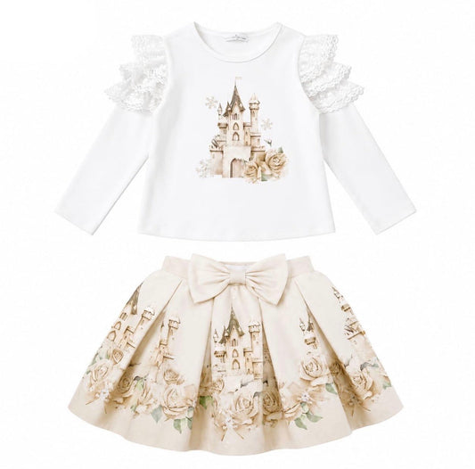 Girls cream skirt set with castle graphic top and flared bow skirt