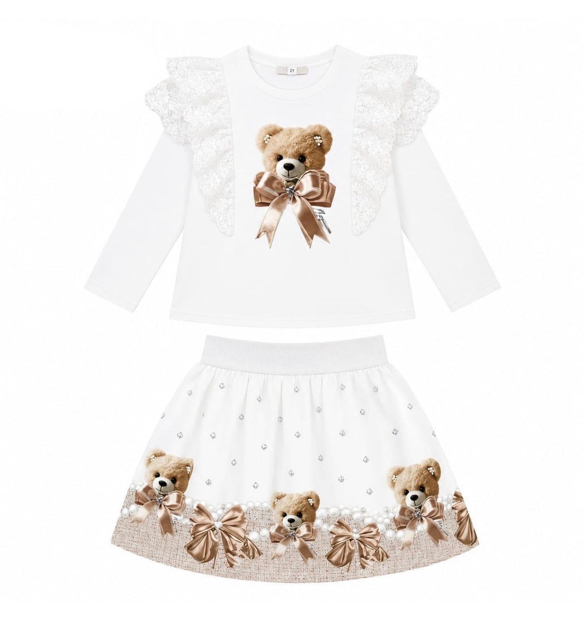 Cream teddy bear skirt set with lace shoulder top and tulle skirt with bow details