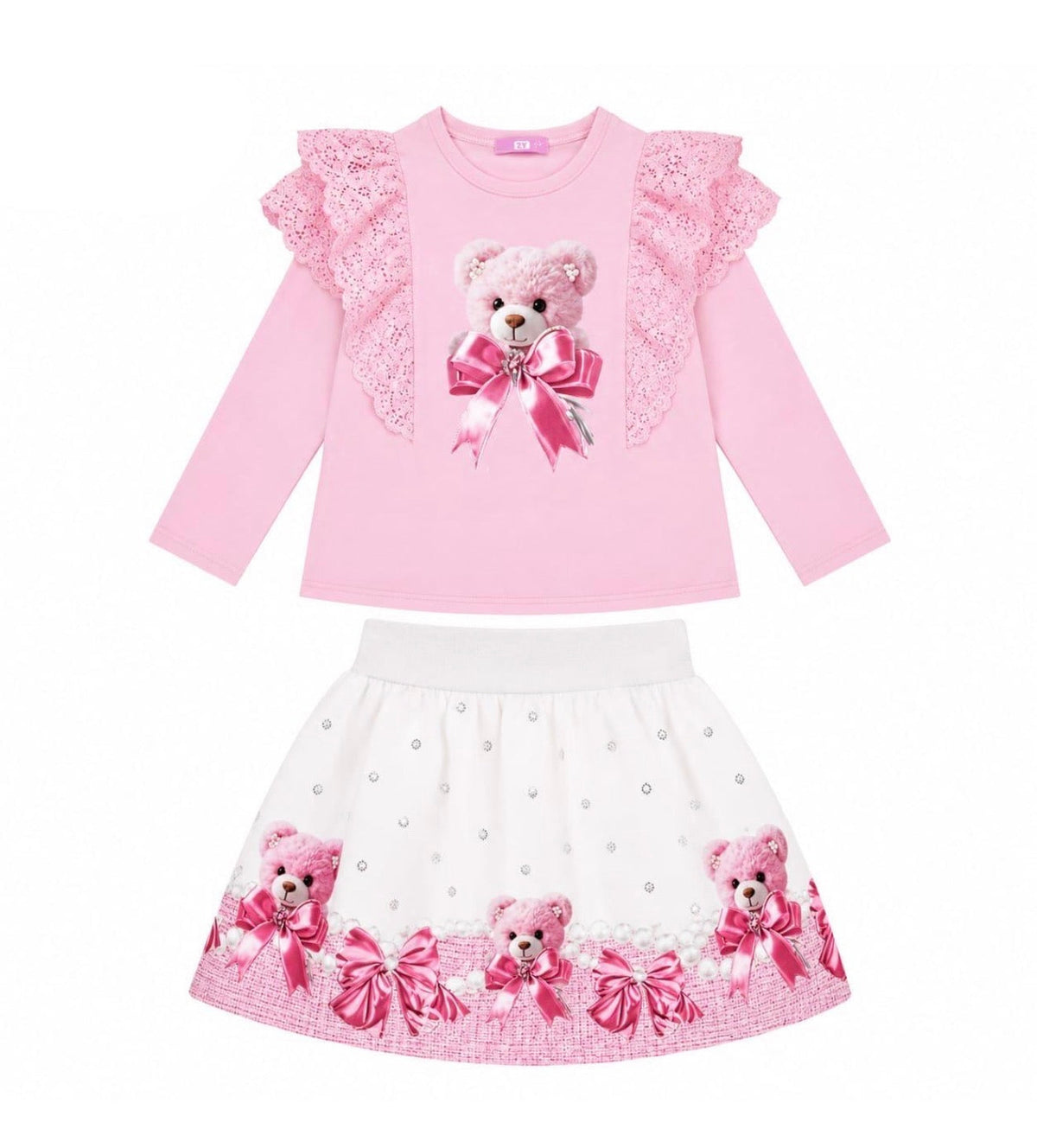 Pink long-sleeve teddy print top with lace trim and white polka-dot skirt set
