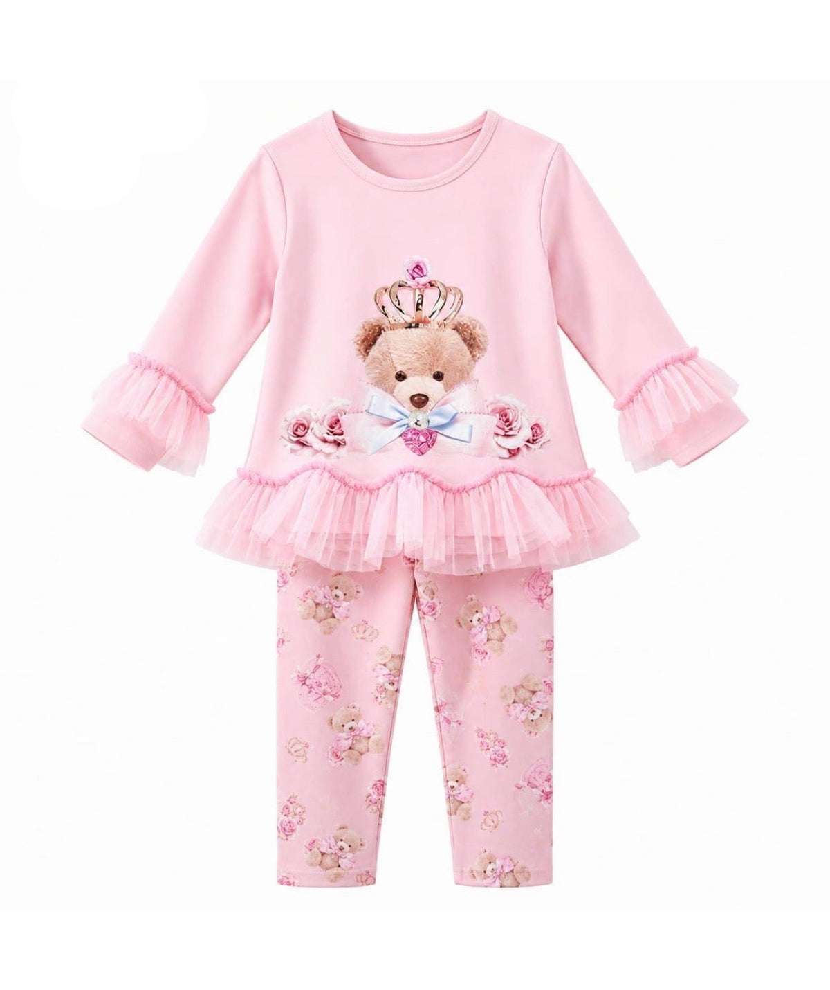 Giorgio Bambino pink teddy top and floral leggings set, ruffled cuffs and hem