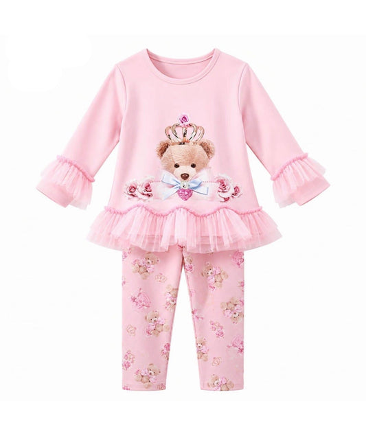 Giorgio Bambino pink teddy top and floral leggings set, ruffled cuffs and hem