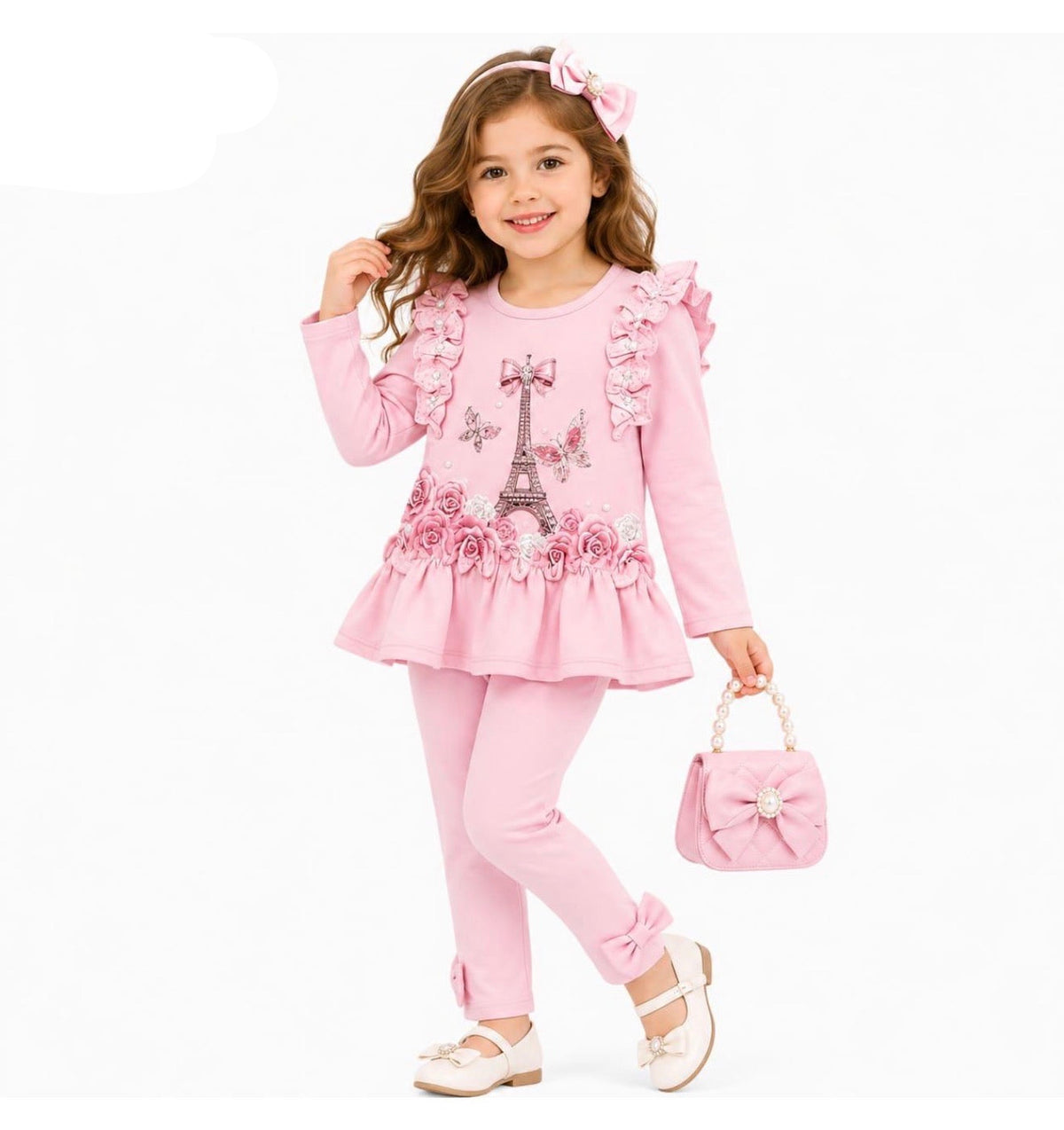 Girls' pink Paris ruffle tunic and leggings set with Eiffel tower print and bow