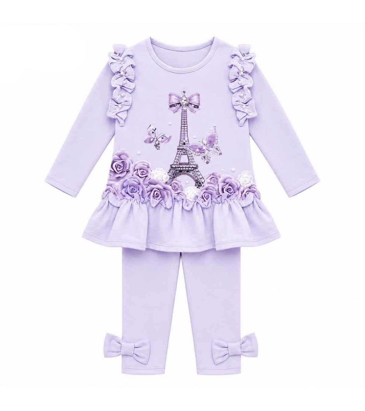 Lilac girls long-sleeve tunic top and leggings set with Eiffel Tower print and ruffle details