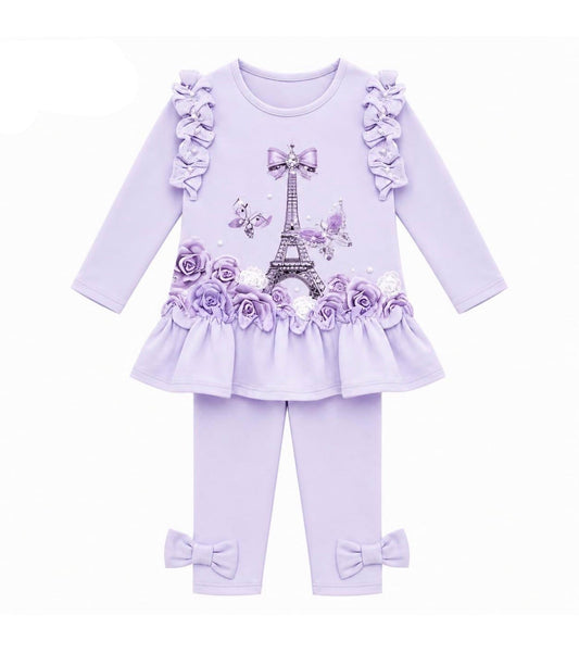 Lilac girls long-sleeve tunic top and leggings set with Eiffel Tower print and ruffle details