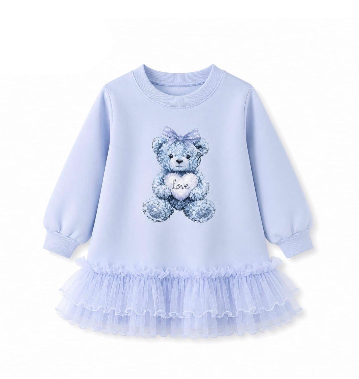 Light blue teddy bear print long-sleeve dress with ruffled hem