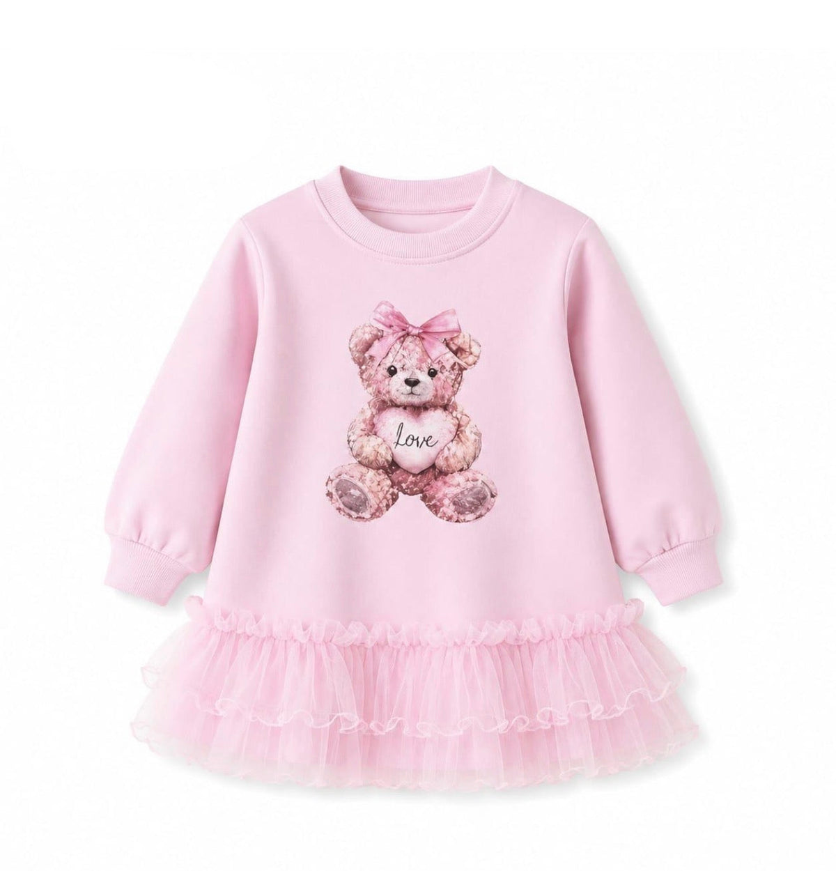 Pink teddy bear long-sleeve dress with layered tulle ruffle hem and heart print
